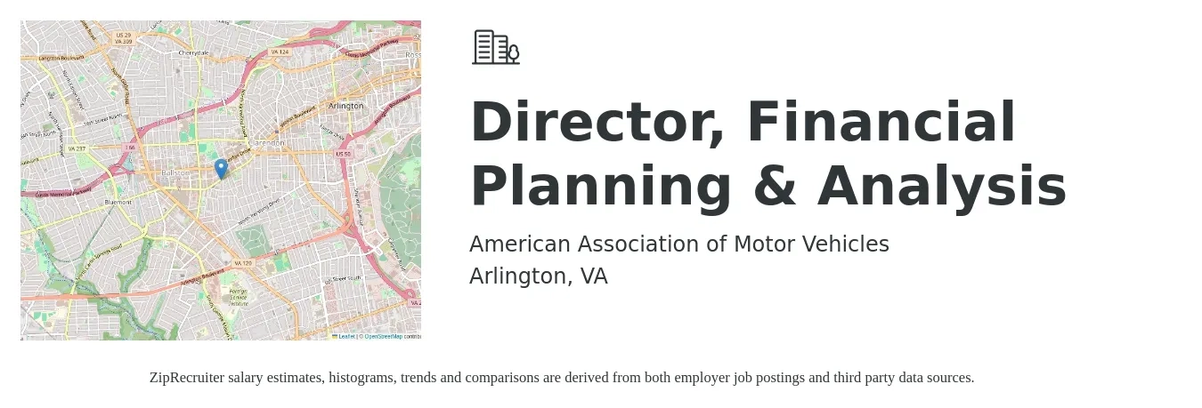 American Association of Motor Vehicles job posting for a Director, Financial Planning & Analysis in Arlington, VA with a salary of $164,600 to $209,400 Yearly with a map of Arlington location.