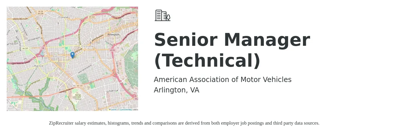 American Association of Motor Vehicles job posting for a Senior Manager (Technical) in Arlington, VA with a salary of $130,600 to $180,100 Yearly with a map of Arlington location.