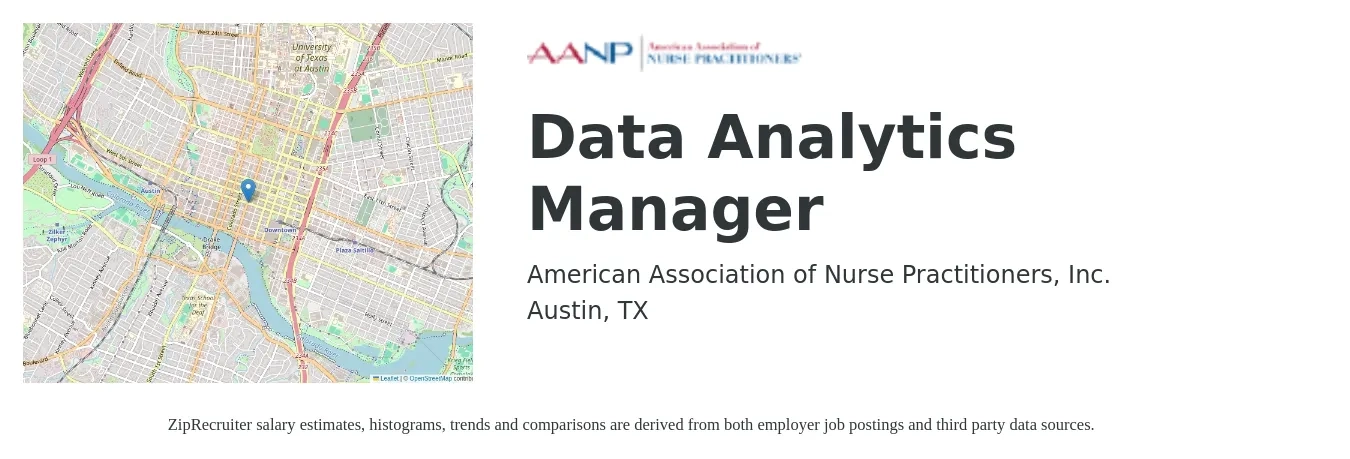 American Association of Nurse Practitioners, Inc. job posting for a Data Analytics Manager in Austin, TX with a salary of $69,100 to $96,000 Yearly with a map of Austin location.