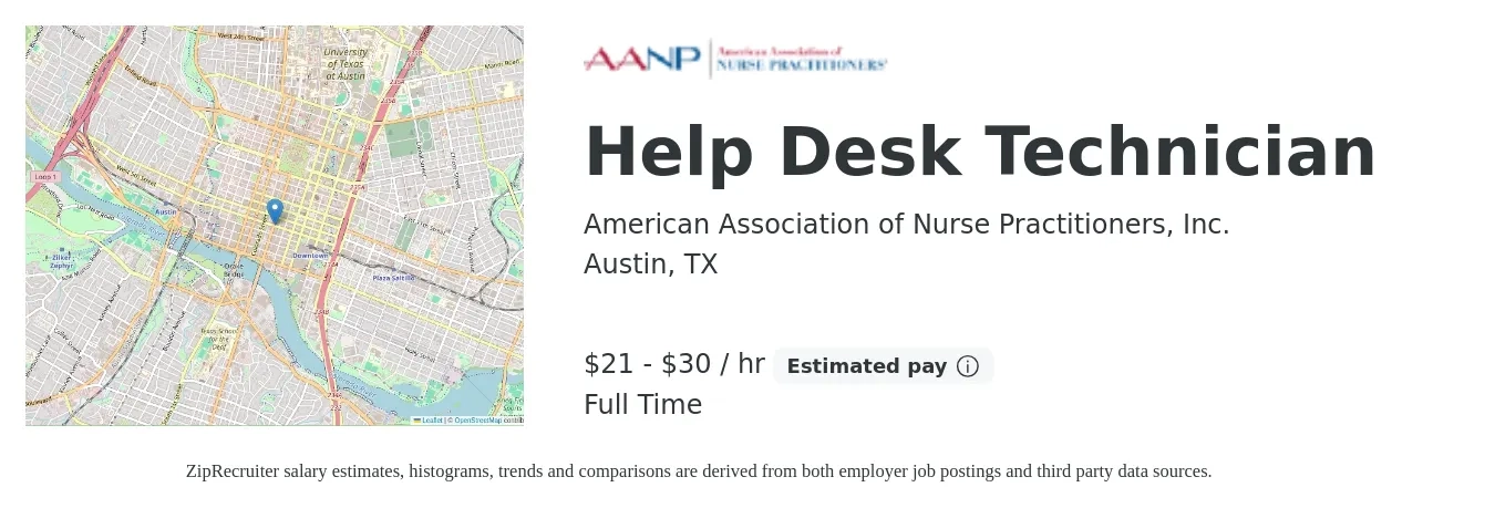 American Association of Nurse Practitioners, Inc. job posting for a Help Desk Technician in Austin, TX with a salary of $23 to $31 Hourly with a map of Austin location.