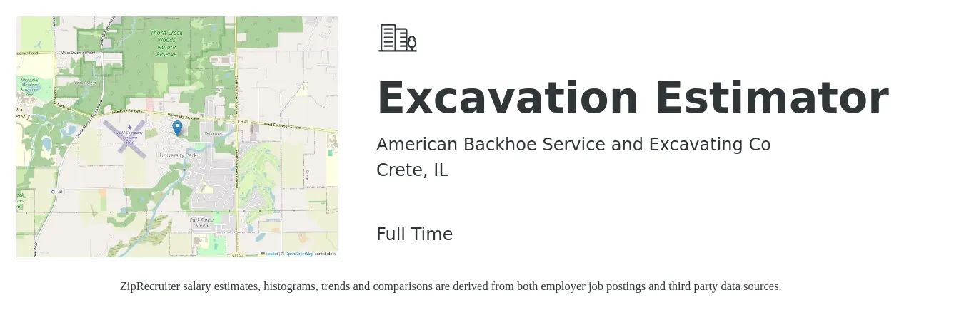 American Backhoe Service and Excavating Co job posting for a Excavation Estimator in Crete, IL with a salary of $80 Hourly with a map of Crete location.