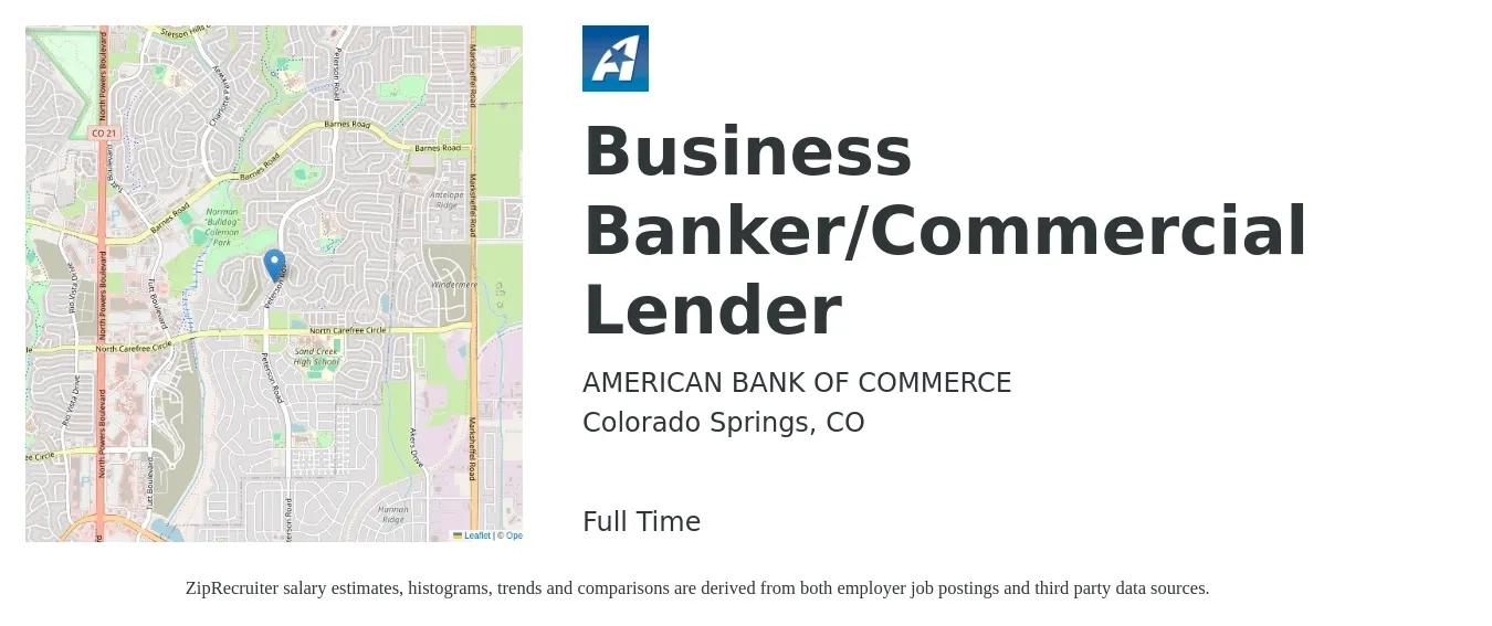 AMERICAN BANK OF COMMERCE job posting for a Business Banker/Commercial Lender in Colorado Springs, CO with a salary of $50,000 to $999,999 Yearly with a map of Colorado Springs location.