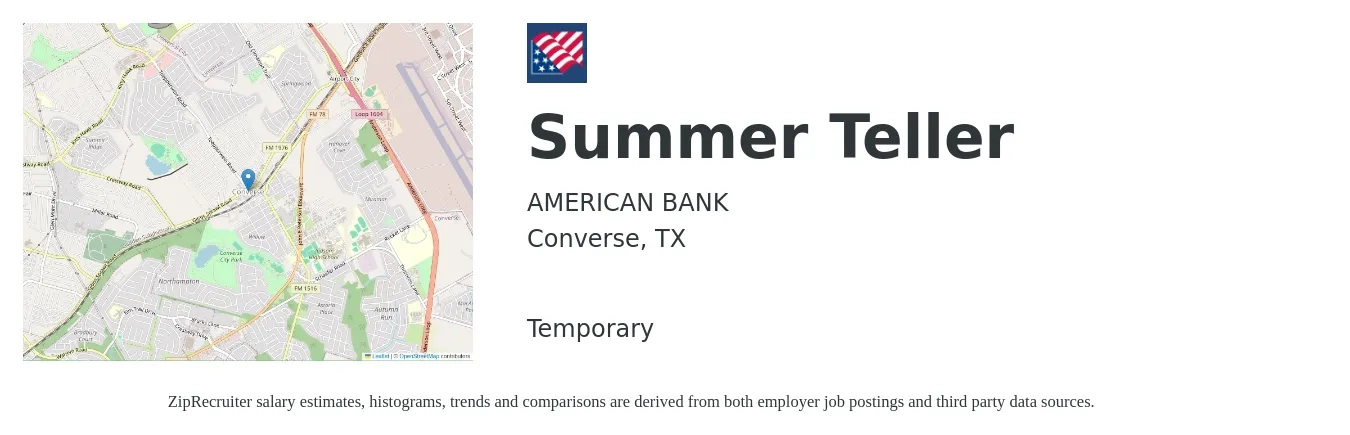 AMERICAN BANK job posting for a Summer Teller in Converse, TX with a salary of $14 to $18 Hourly with a map of Converse location.