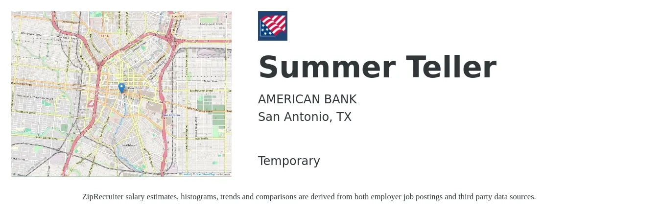 AMERICAN BANK job posting for a Summer Teller in San Antonio, TX with a salary of $14 to $18 Hourly with a map of San Antonio location.