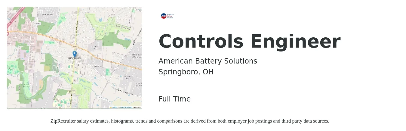 American Battery Solutions job posting for a Controls Engineer in Springboro, OH with a salary of $73,600 to $95,200 Yearly with a map of Springboro location.