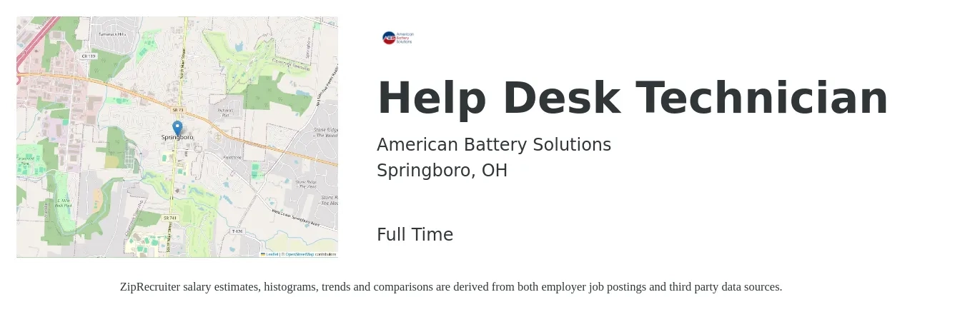 American Battery Solutions job posting for a Help Desk Technician in Springboro, OH with a salary of $18 to $24 Hourly with a map of Springboro location.