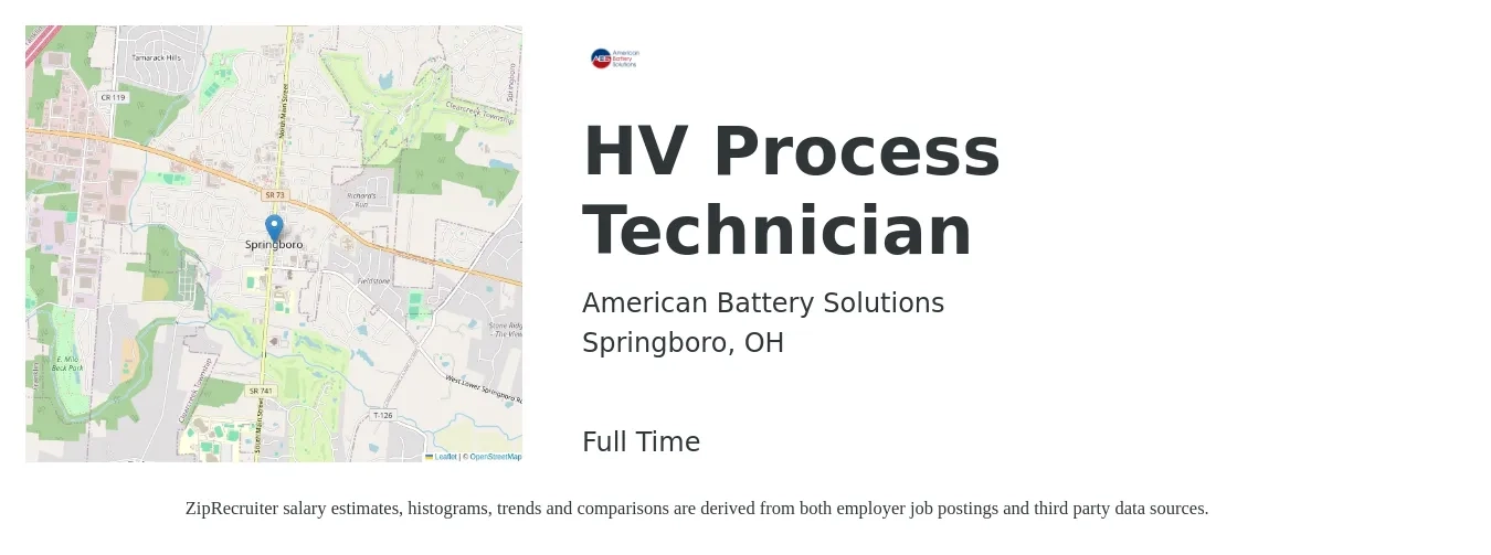 American Battery Solutions job posting for a HV Process Technician in Springboro, OH with a salary of $18 to $26 Hourly with a map of Springboro location.