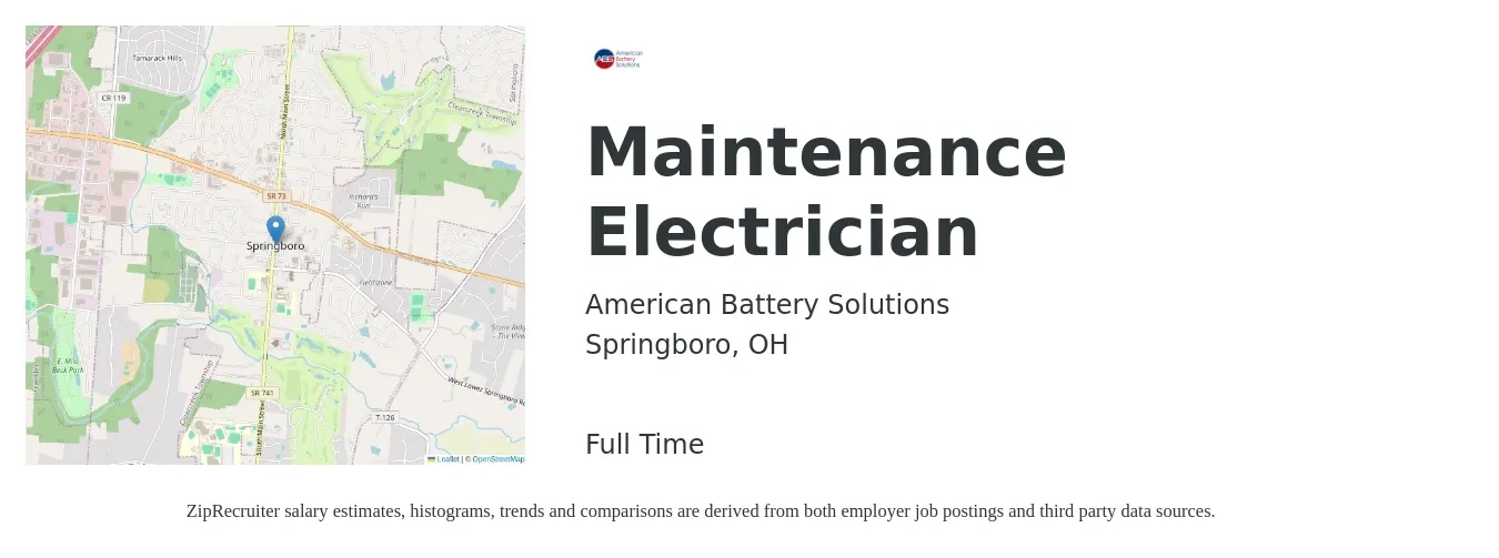 American Battery Solutions job posting for a Maintenance Electrician in Springboro, OH with a salary of $25 to $32 Hourly with a map of Springboro location.