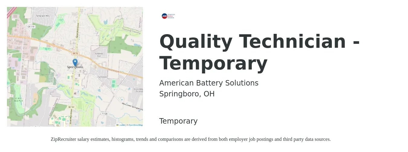 American Battery Solutions job posting for a Quality Technician - Temporary in Springboro, OH with a salary of $16 to $22 Hourly with a map of Springboro location.