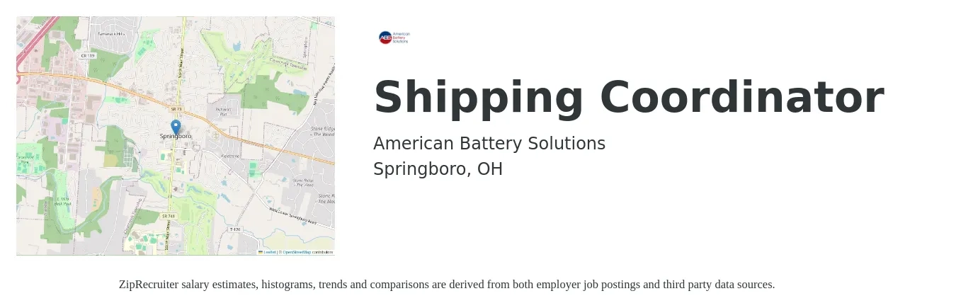 American Battery Solutions job posting for a Shipping Coordinator in Springboro, OH with a salary of $16 to $20 Hourly with a map of Springboro location.