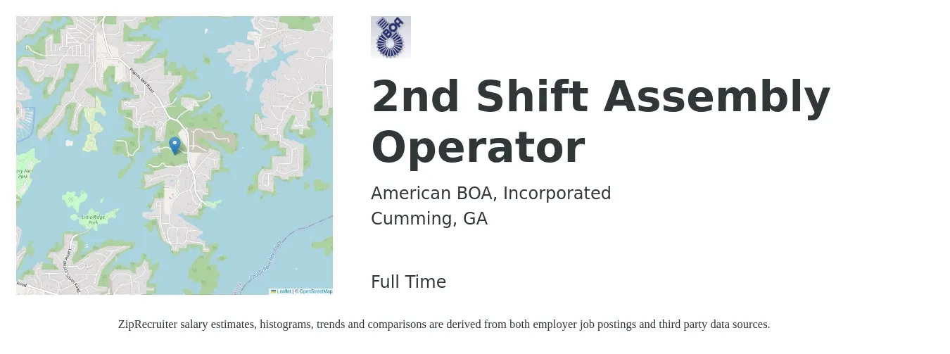 American BOA, Incorporated job posting for a 2nd Shift Assembly Operator in Cumming, GA with a salary of $14 to $18 Hourly with a map of Cumming location.