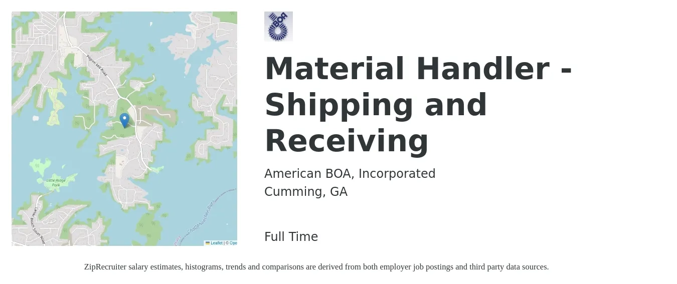 American BOA, Incorporated job posting for a Material Handler - Shipping and Receiving in Cumming, GA with a salary of $15 to $18 Hourly with a map of Cumming location.