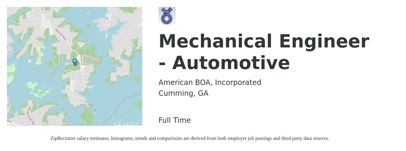 American BOA, Incorporated job posting for a Mechanical Engineer - Automotive in Cumming, GA with a salary of $72,500 to $112,600 Yearly with a map of Cumming location.