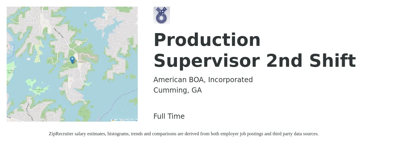 American BOA, Incorporated job posting for a Production Supervisor 2nd Shift in Cumming, GA with a salary of $47,600 to $64,500 Yearly with a map of Cumming location.