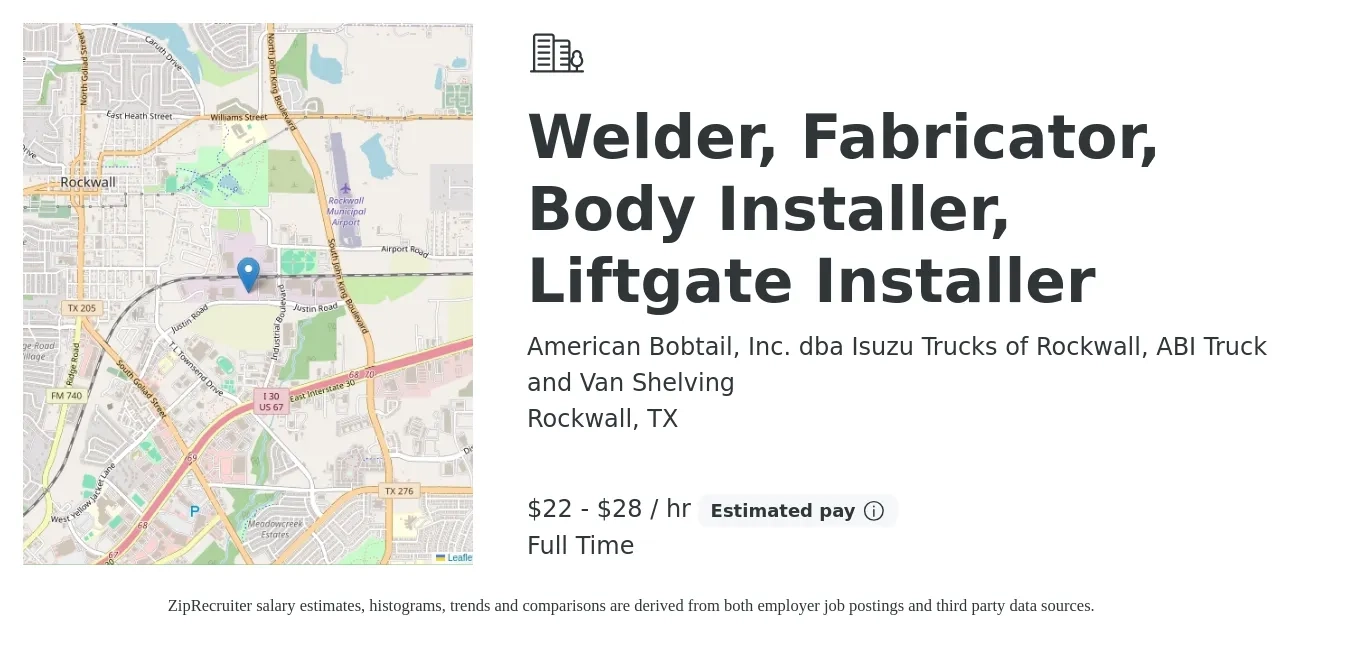 American Bobtail, Inc. dba Isuzu Trucks of Rockwall, ABI Truck and Van Shelving job posting for a Welder, Fabricator, Body Installer, Liftgate Installer in Rockwall, TX with a salary of $23 to $30 Hourly with a map of Rockwall location.