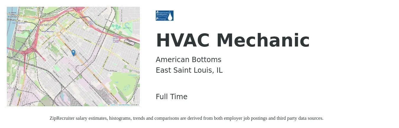 American Bottoms job posting for a HVAC Mechanic in East Saint Louis, IL with a salary of $23 to $31 Hourly with a map of East Saint Louis location.