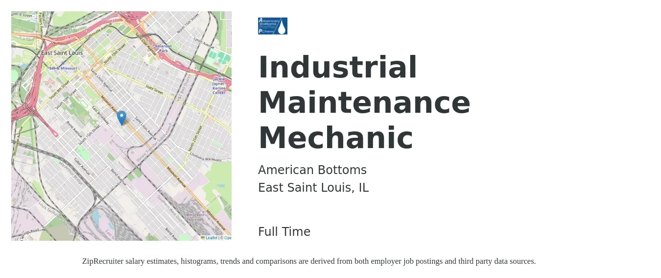 American Bottoms job posting for a Industrial Maintenance Mechanic in East Saint Louis, IL with a salary of $24 to $30 Hourly with a map of East Saint Louis location.