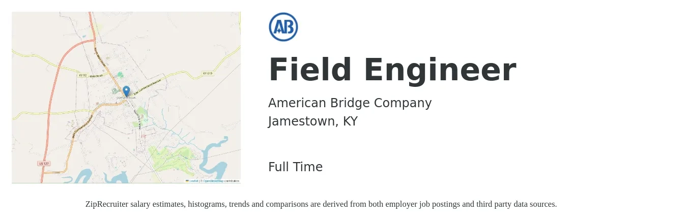 American Bridge Company job posting for a Field Engineer in Jamestown, KY with a salary of $21 to $36 Hourly with a map of Jamestown location.