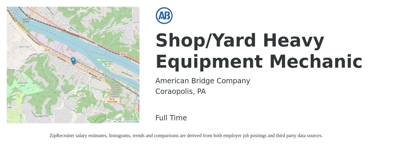 American Bridge Company job posting for a Shop/Yard Heavy Equipment Mechanic in Coraopolis, PA with a salary of $23 to $31 Hourly with a map of Coraopolis location.