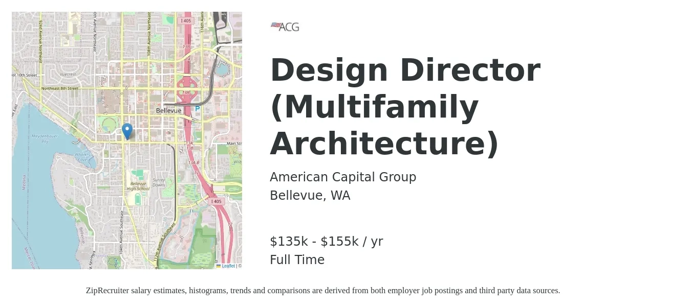 American Capital Group job posting for a Design Director (Multifamily Architecture) in Bellevue, WA with a salary of $135,000 to $155,000 Yearly with a map of Bellevue location.