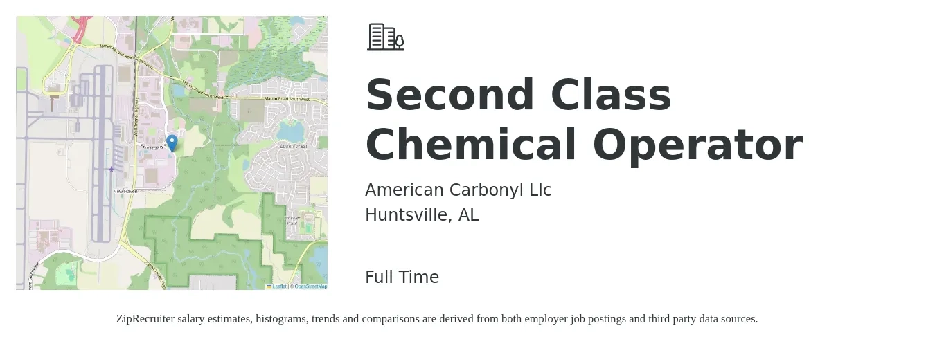 American Carbonyl Llc job posting for a Second Class Chemical Operator in Huntsville, AL with a salary of $20 to $23 Hourly with a map of Huntsville location.