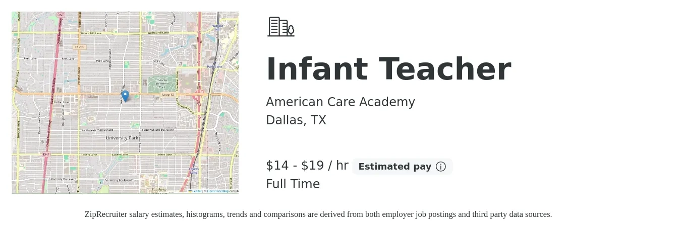 American Care Academy job posting for a Infant Teacher in Dallas, TX with a salary of $15 to $20 Hourly with a map of Dallas location.