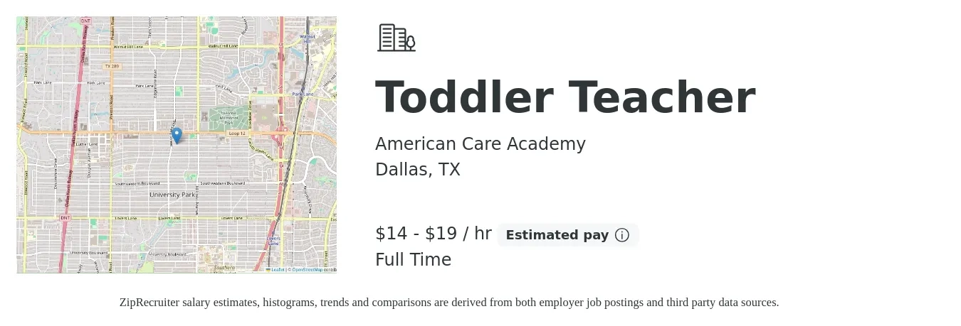 American Care Academy job posting for a Toddler Teacher in Dallas, TX with a salary of $15 to $20 Hourly with a map of Dallas location.