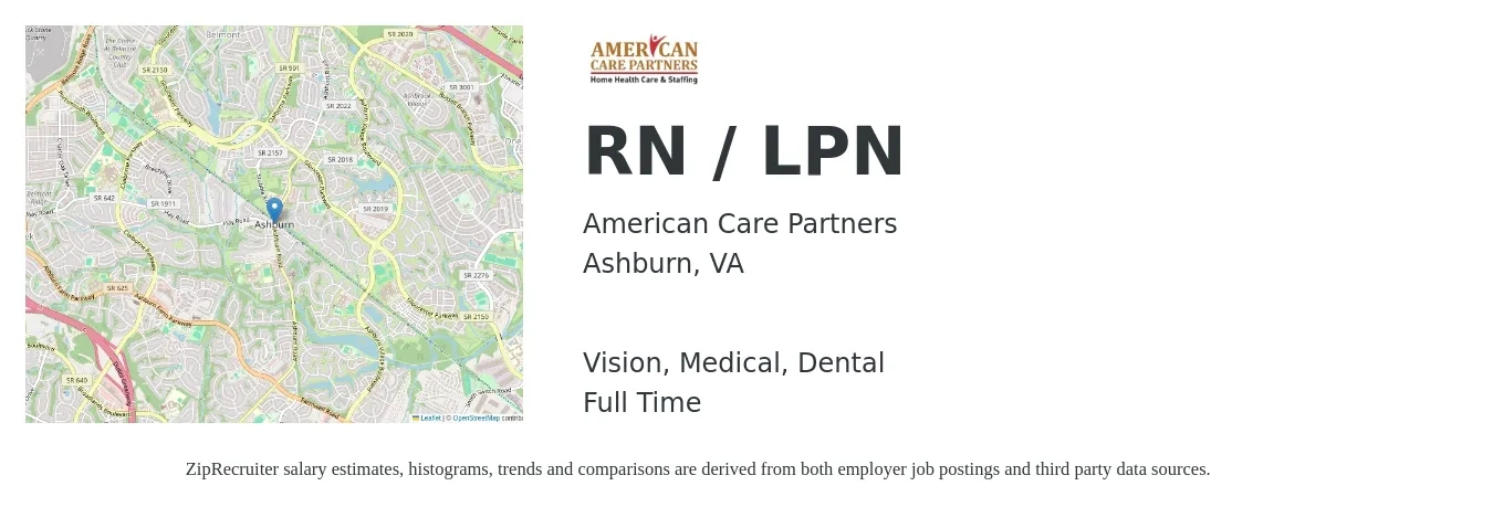 American Care Partners job posting for a RN / LPN in Ashburn, VA with a salary of $28 to $38 Hourly and benefits including medical, vision, dental, and life_insurance with a map of Ashburn location.