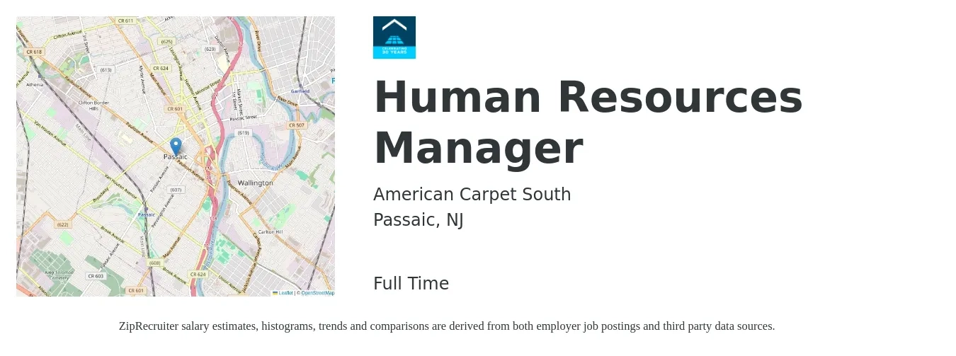 American Carpet South job posting for a Human Resources Manager in Passaic, NJ with a salary of $70,000 to $80,000 Yearly with a map of Passaic location.
