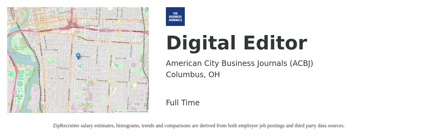American City Business Journals (ACBJ) job posting for a Digital Editor in Columbus, OH with a salary of $35,300 to $72,500 Yearly with a map of Columbus location.