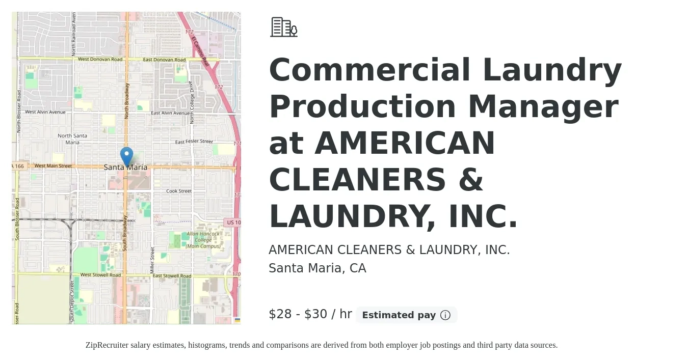 AMERICAN CLEANERS & LAUNDRY, INC. job posting for a Commercial Laundry Production Manager at AMERICAN CLEANERS & LAUNDRY, INC. in Santa Maria, CA with a salary of $30 to $32 Hourly with a map of Santa Maria location.