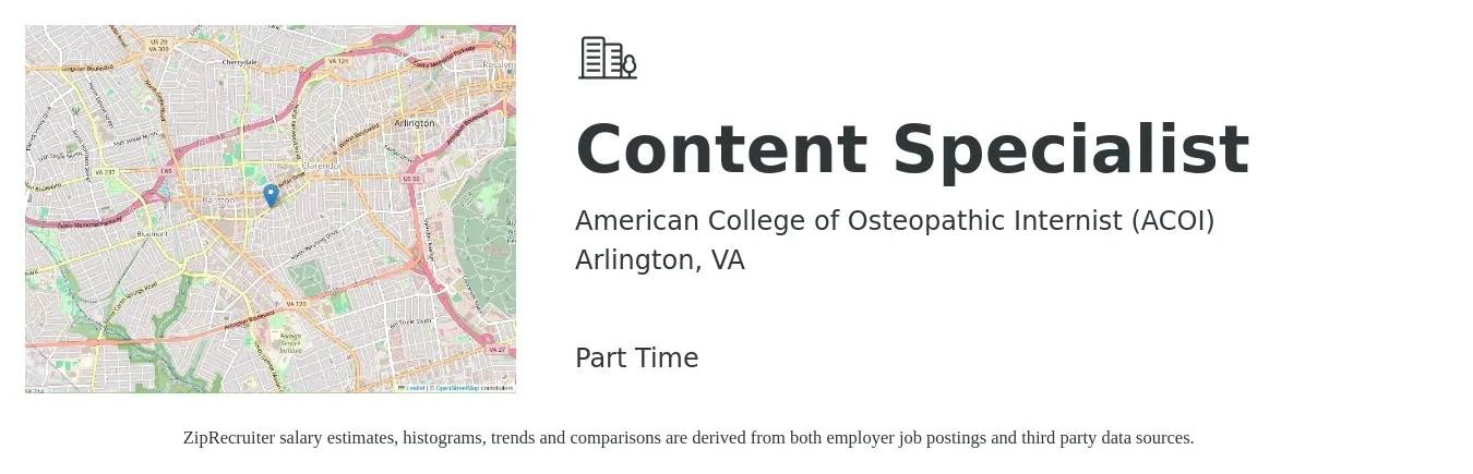 American College of Osteopathic Internist (ACOI) job posting for a Content Specialist in Arlington, VA with a salary of $26 to $42 Hourly with a map of Arlington location.
