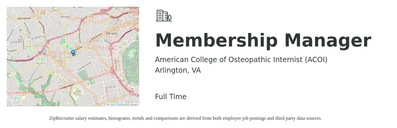 American College of Osteopathic Internist (ACOI) job posting for a Membership Manager in Arlington, VA with a salary of $53,500 to $78,800 Yearly with a map of Arlington location.
