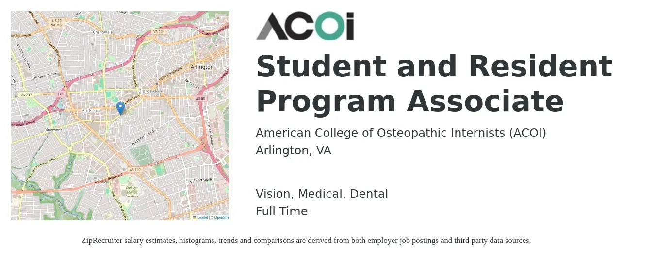 American College of Osteopathic Internists (ACOI) job posting for a Student and Resident Program Associate in Arlington, VA with a salary of $46,000 to $68,500 Yearly and benefits including vision, dental, life_insurance, medical, pto, and retirement with a map of Arlington location.