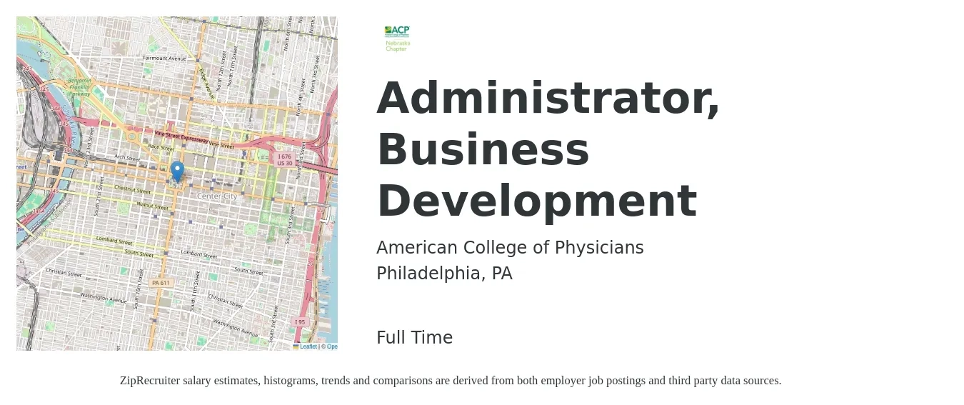 American College of Physicians job posting for a Administrator, Business Development in Philadelphia, PA with a salary of $45,400 to $79,800 Yearly with a map of Philadelphia location.