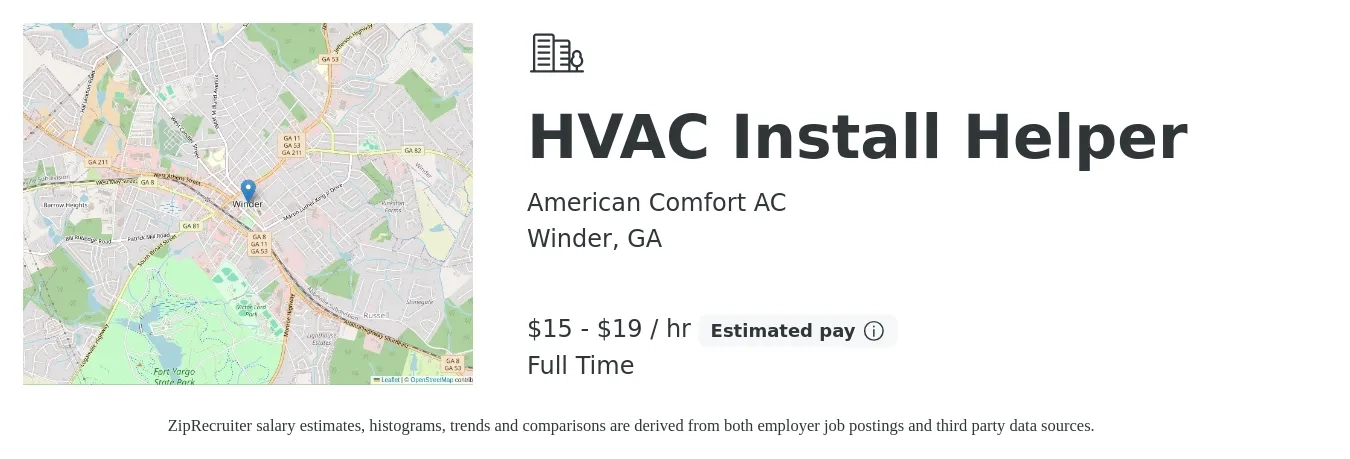 American Comfort AC job posting for a HVAC Install Helper in Winder, GA with a salary of $16 to $20 Hourly with a map of Winder location.