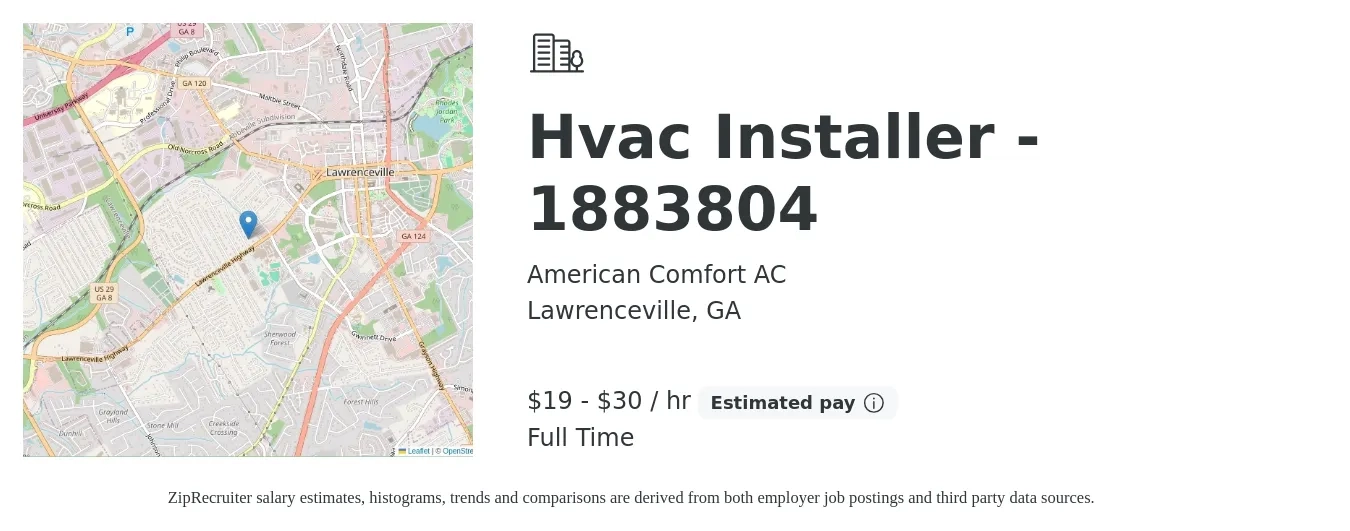 American Comfort AC job posting for a Hvac Installer - 1883804 in Lawrenceville, GA with a salary of $20 to $32 Hourly with a map of Lawrenceville location.