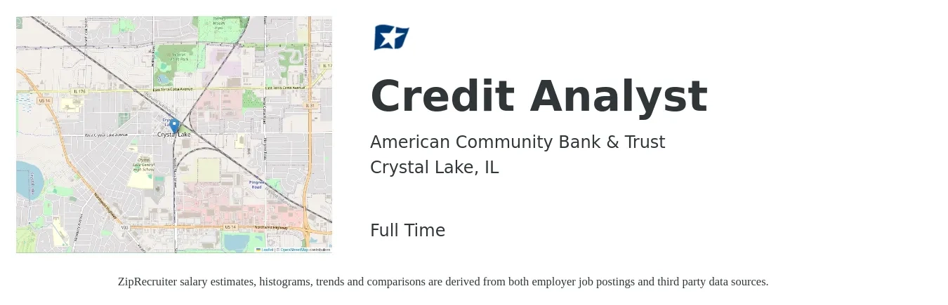 American Community Bank & Trust job posting for a Credit Analyst in Crystal Lake, IL with a salary of $23 to $34 Hourly with a map of Crystal Lake location.