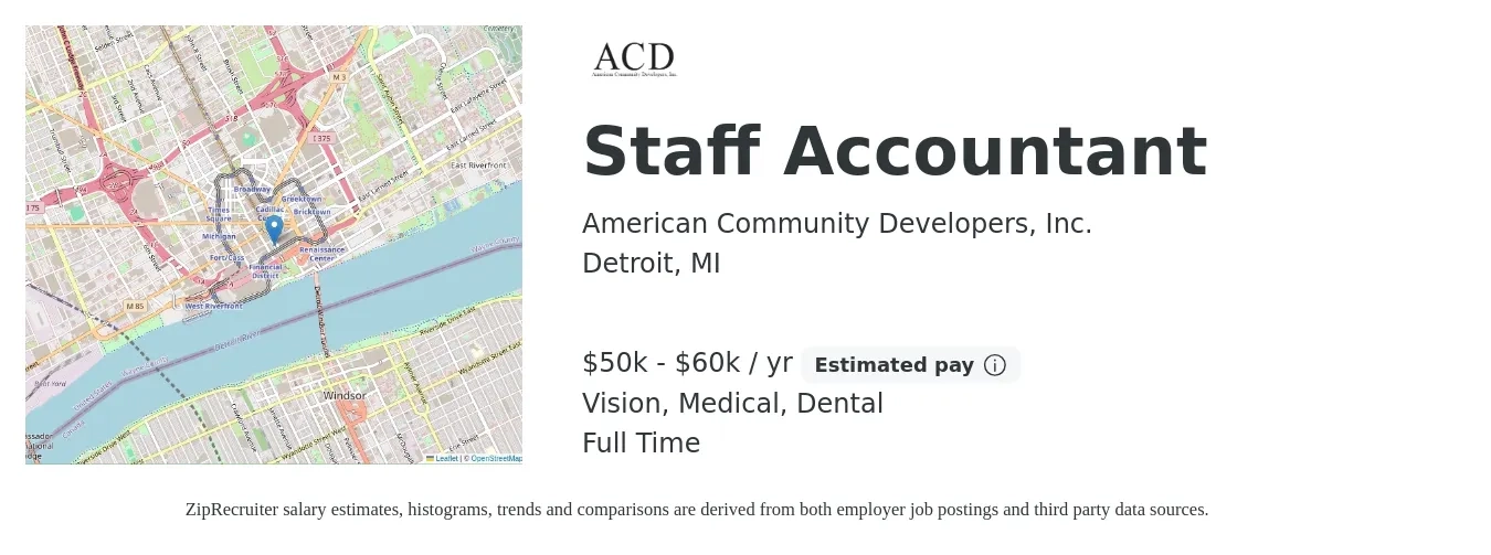 American Community Developers, Inc. job posting for a Staff Accountant in Detroit, MI with a salary of $50,000 to $60,000 Yearly and benefits including retirement, vision, dental, life_insurance, medical, and pto with a map of Detroit location.