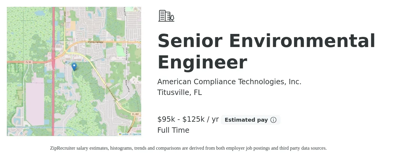 American Compliance Technologies, Inc. job posting for a Senior Environmental Engineer in Titusville, FL with a salary of $95,000 to $125,000 Yearly with a map of Titusville location.