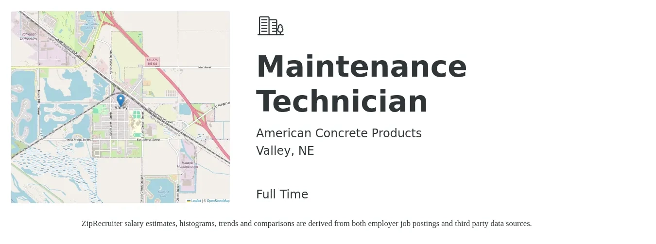 American Concrete Products job posting for a Maintenance Technician in Valley, NE with a salary of $18 to $26 Hourly with a map of Valley location.