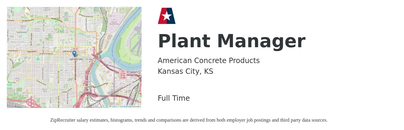 American Concrete Products job posting for a Plant Manager in Kansas City, KS with a salary of $87,800 to $135,500 Yearly with a map of Kansas City location.