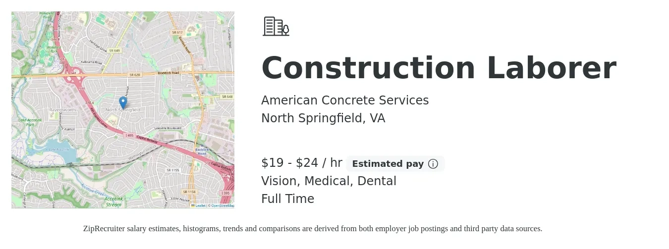 American Concrete Services job posting for a Construction Laborer in North Springfield, VA with a salary of $20 to $24 Hourly and benefits including vision, dental, life_insurance, medical, pto, and retirement with a map of North Springfield location.