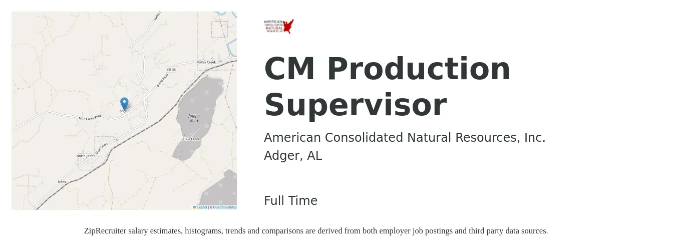 American Consolidated Natural Resources, Inc. job posting for a CM Production Supervisor in Adger, AL with a salary of $50,600 to $72,700 Yearly with a map of Adger location.