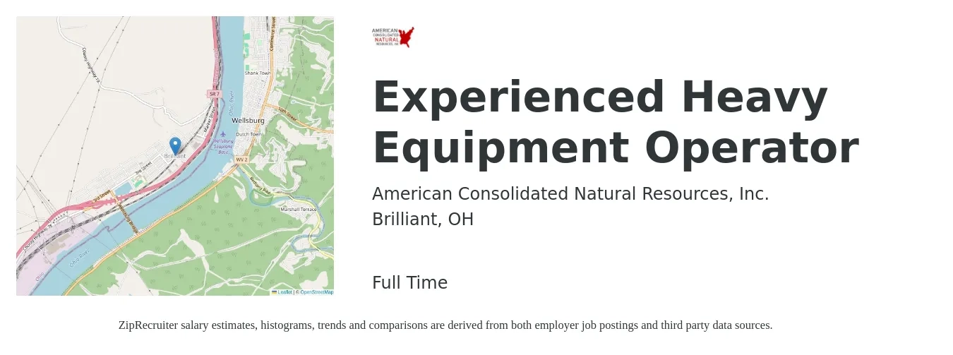 American Consolidated Natural Resources, Inc. job posting for a Experienced Heavy Equipment Operator in Brilliant, OH with a salary of $17 to $24 Hourly with a map of Brilliant location.