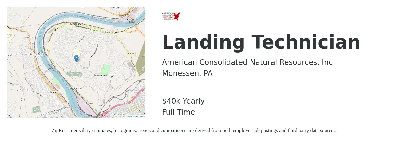 American Consolidated Natural Resources, Inc. job posting for a Landing Technician in Monessen, PA with a salary of $40,000 Yearly with a map of Monessen location.