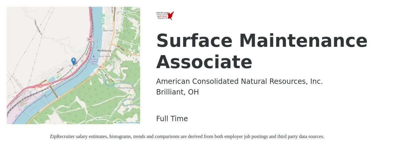 American Consolidated Natural Resources, Inc. job posting for a Surface Maintenance Associate in Brilliant, OH with a salary of $18 to $23 Hourly with a map of Brilliant location.