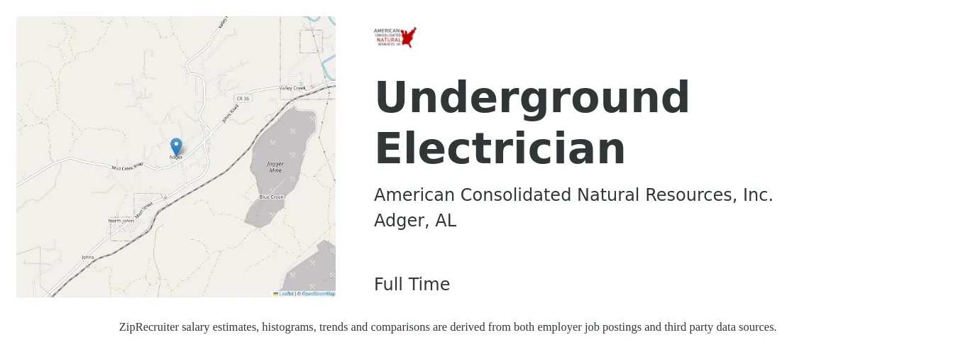 American Consolidated Natural Resources, Inc. job posting for a Underground Electrician in Adger, AL with a salary of $32 to $54 Hourly with a map of Adger location.