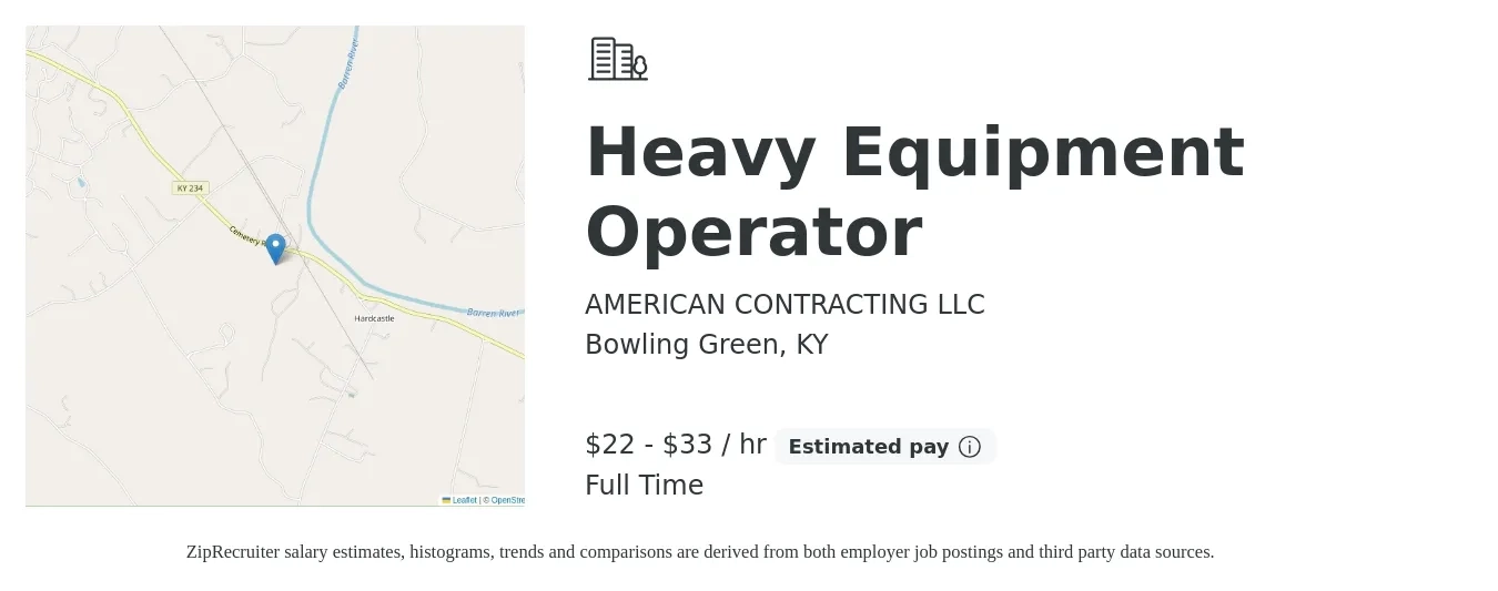AMERICAN CONTRACTING LLC job posting for a Heavy Equipment Operator in Bowling Green, KY with a salary of $23 to $35 Hourly and benefits including pto with a map of Bowling Green location.