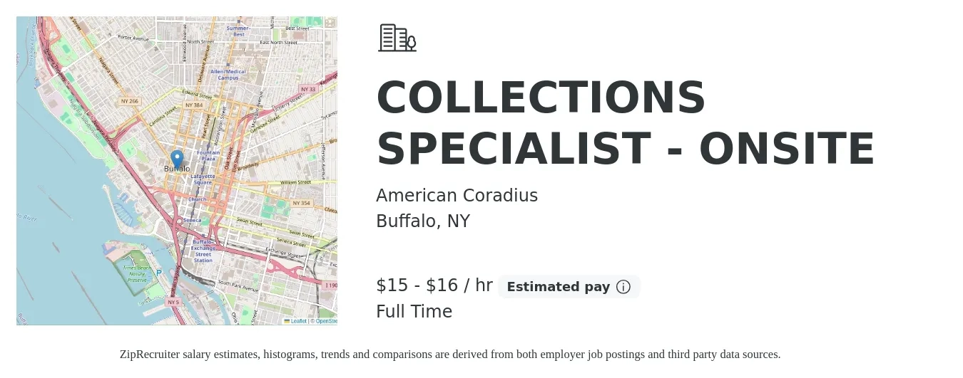 American Coradius job posting for a COLLECTIONS SPECIALIST - ONSITE in Buffalo, NY with a salary of $16 to $18 Hourly with a map of Buffalo location.